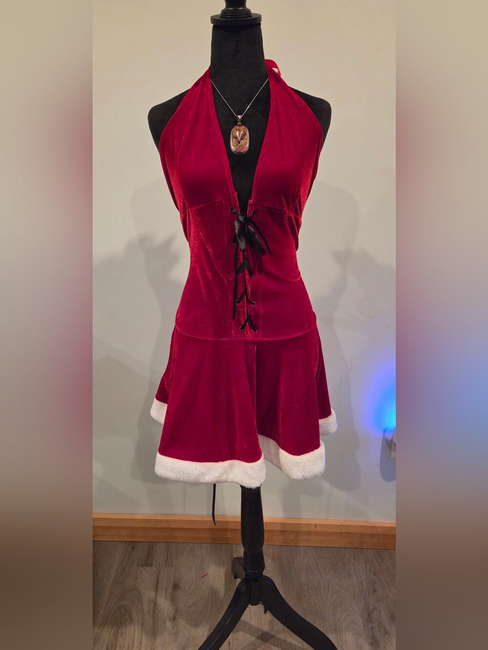 Elegant Moments Red Velvet Halter Dress with White Trim